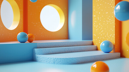 Poster - Captivating 3D background displays unique designs in a realistic 4K rende, viewed from a side angle perspective with beautiful blue and orange elements.