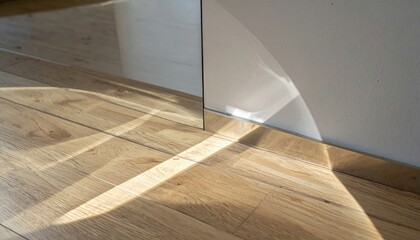 Poster - Light reflection on wooden floor indoor space photography minimalist environment close-up view abstract concept for seo impact
