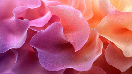 Poster - A surreal 3D background displays realistic flower petals in vibrant pink, orange and purple hues at a side angle, rendered in stunning 4K resolution detail.