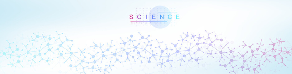 Aufkleber - Colorful molecules background with DNA helix, DNA strand, DNA Test. Molecule or atom, neurons. Abstract structure for science, healthcare or medical background, banner. Scientific vector illustration