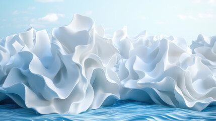 Poster - Sleek 3D visuals depict abstract white shapes over water in a realistic 4K resolution, presenting a visually striking and calming side angle background.