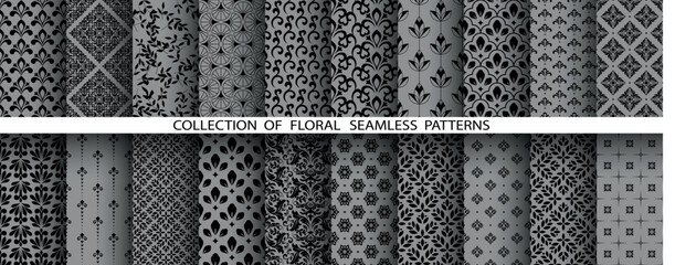 Aufkleber - Geometric floral set of seamless patterns. Gray and black vector backgrounds. Damask graphic ornaments