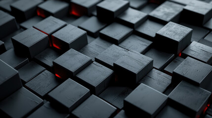 Poster - Realistic 4K 3D background featu a complex arrangement of dark cubes with subtle red highlights creating a professional and modern design on side A.