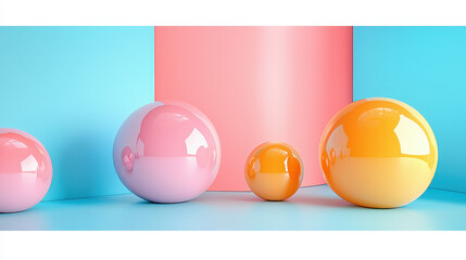 Poster - A vibrant 3D professional art piece showcases a side angle view with realistic 4K spheres and blocks against a blue and pink backdrop, creatively composed.
