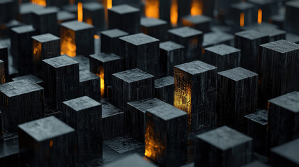 Aufkleber - A realistic 4K side angle view of an organized 3D background with dark geometric visuals and subtle orange glow creating a captivating abstract perspective.