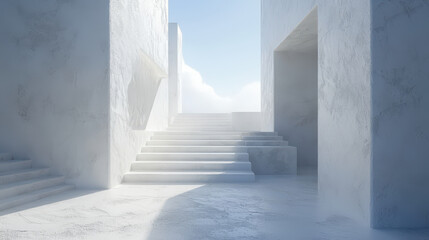 Poster - a modern architectural structure with bright white walls and staircase leading to a sky view in a st