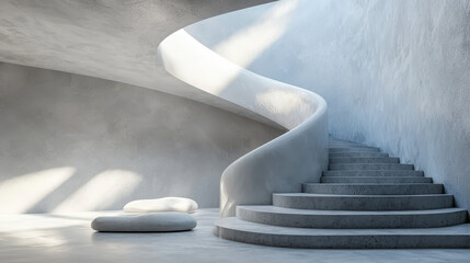 Poster - A modern minimalist 3D rendered background showcases a realistic white spiral staircase in 4K resolution viewed from a side angle with clean, bright lighting effects.