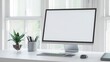 © BEST  - Modern Workspace Setup Sleek Desktop Computer with Blank Screen on White Desk near Window, Ideal for Productivity and Creative Work