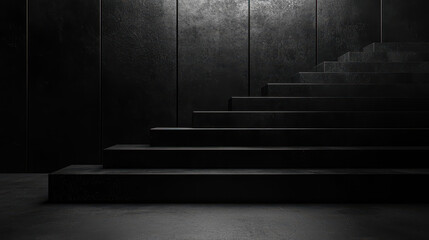 Poster - 4K realistic 3D minimalist background showing a side angle view of dark modern stairs against textured wall creating an atmospheric and visually appealing scene.