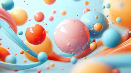 Aufkleber - Realistic 4K 3D background with colorful spheres and flowing ribbons presents a minimalist and modern aesthetic, displaying the scene from side view A.