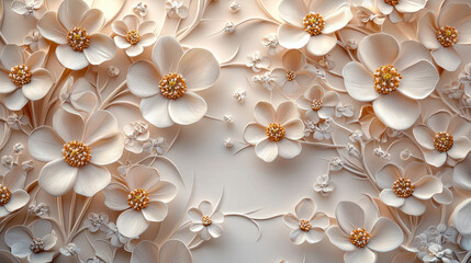Poster - Minimalist floral art shows realistic 4K rende with a cream 3D background displaying soft flower shapes and artistic design, elegant and refined style.
