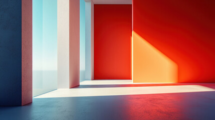 Poster - A minimalistic 3D rendered backdrop showcases realistic textures in vibrant reds and blues under natural light, in a clean 4K resolution artistic vision.