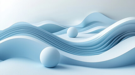 Aufkleber - Minimalistic 3D background showcasing realistic side view of smooth, light blue wave forms with two spherical objects, rendered in 4K resolution and style.