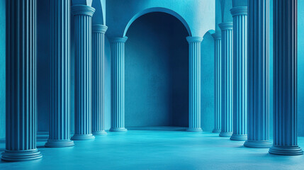 Poster - A minimalistic 3D rendered background depicts classic columns and arches in realistic 4K with subtle side lighting creating an architectural visualization.