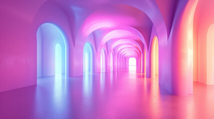 Aufkleber - Minimalistic 3D background shows a realistic, side angle view in 4K resolution with a long hallway of arches illuminated with soft pink, purple, and blue lighting.
