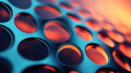 Poster - Realistic 4K 3D background with minimalistic patterns showing circular side openings and a captivating interplay of blue and orange light reflections on metal.