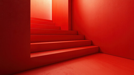 Poster - A minimalistic 3D rende presents a side view of realistic red steps leading into a brightly lit passage, showcasing a clean 4K background design approach.