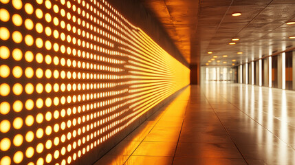 Poster - A realistic 4K rende showcases a modern corridor with a side angle view, featu an array of illuminated 3D background light designs that create a stunning visual.