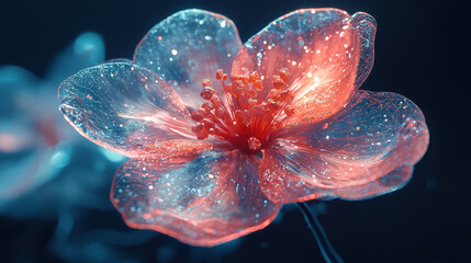 Poster - Imaginative 3D flower art shows realistic petals in glowing red and blue, creating a background suitable for 4K display with dreamy artistic rendition.