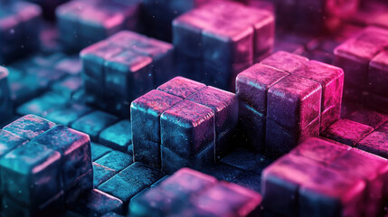 Poster - A realistic 4K side angle view of 3D geometric patterns displaying a sophisticated background created with textured cubes and vibrant teal and magenta lighting.
