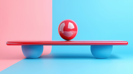 Poster - A realistically rendered 4K 3D background features a geometric balance of a red sphere atop a pink and blue balanced structure with side angle perspective.