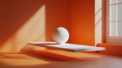 Poster - Realistic geometric balance showcases a white sphere on a platform, illuminated by side sunlight creating a striking 3D background in detailed 4K resolution.