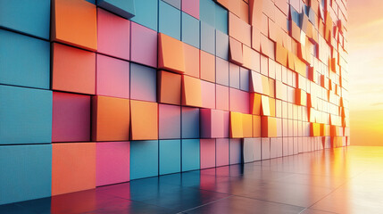 Aufkleber - A vibrant 4K 3D background with fragmented reflections showcases a realistic digital scene with colorful geometric patterns against a serene sunset backdrop.
