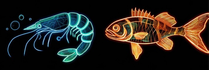 Poster - Stylized Neon Outlines of Shrimp and Fish Glowing Against a Dark Background Create a Vibrant Aquatic Design