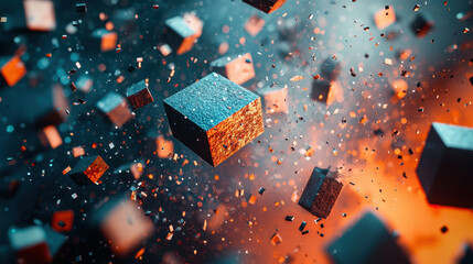 Poster - Realistic 4K 3D background featu fragmented metallic cubes and elements floating in abstract space, creating a dynamic and immersive visual experience overall.