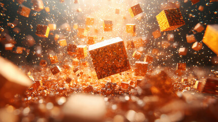 Poster - A mesmerizing 3D fragmented art piece presents a realistic side angle view in 4K resolution, showcasing floating golden cubes against a bokeh light background.
