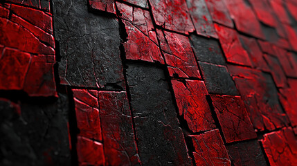 Poster - A striking 3D background displays fragmented red and black art forms in realistic 4K resolution, showing an abstract and detailed side view of the pattern.