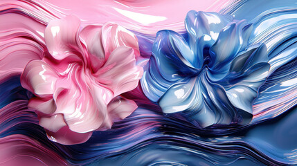 Aufkleber - Ethereal 4K background presents realistic 3D fluid flower designs in pink and blue, creating an abstract and captivating flowing art piece with a side view.