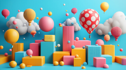 Poster - A vibrant 3D background featu expressive designs with realistic elements and colorful balloons in a detailed 4K side angle rende for creative use.