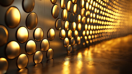 Aufkleber - Elegant 4K visual showcasing a realistic side angle perspective of a 3D background featu a mesmerizing array of golden spheres in a visually stunning pattern.