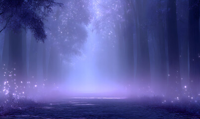 Wall Mural - a mystical forest path bathed in soft, glowing light, fog drifting through tall trees, subtle sparkles in the air, purple and blue hues blending into the shadows, dreamlike and peaceful mood. generati
