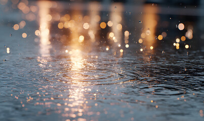 Wall Mural - a puddle on the ground during a rainy day, raindrops hitting the surface and creating ripples, wet asphalt with reflections of city lights, realistic lighting, moody and calm atmosphere-generative ai