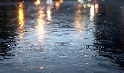 Wall Mural - a puddle on the ground during a rainy day, raindrops hitting the surface and creating ripples, wet asphalt with reflections of city lights, realistic lighting, moody and calm atmosphere-generative ai