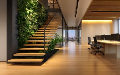 Poster - Modern office interior featuring a wooden staircase, greenery, and a view of the city skyline