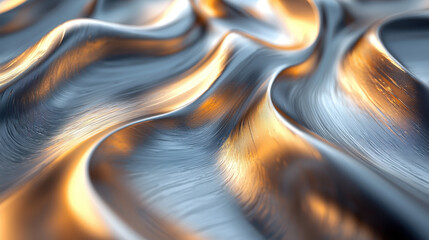 Aufkleber - Dynamic 3D art form presents a realistic 4K side angle view of flowing silver and gold metallic waves creating an abstract background with smooth reflections.