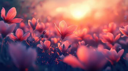 Poster - A dreamy 3D background displays realistic pink petal patterns in a vibrant field, rendered in 4K with side lighting, creating a warm and romantic atmosphere.