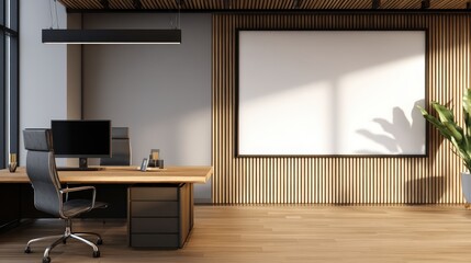 Aufkleber - Modern office interior featuring a sleek desk, computer setup, and large blank wall for presentations