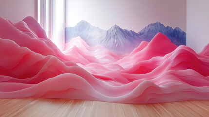 Poster - contemporary 4k visual background with realistic 3d pink hills and blue mountains offers a soft, mod