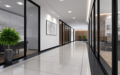 Poster - Modern office hallway with glass walls, stylish decor, and greenery enhancing the atmosphere