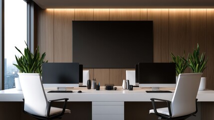 Aufkleber - Modern office workspace featuring sleek furniture, plants, and a large screen with city view