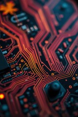 Poster - Intricate circuit board design revealing complex pathways and vibrant colors in modern technology at close range