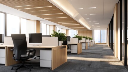 Aufkleber - Modern office interior with desks and computers, featuring plants and large windows overlooking the city