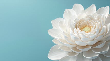 Poster - Contemporary 3D flower art featu a realistic white lotus blossom against a soft teal background, presented in 4K resolution for stunning visual clarity.