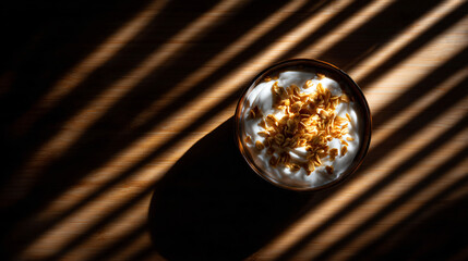 Wall Mural - A bowl of yogurt artfully topped with golden granola, with lemon-infused water on a sunlit wooden table.