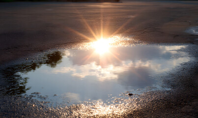 Wall Mural - the sun reflected in puddle. generative ai