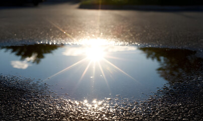 Wall Mural - the sun reflected in puddle. generative ai